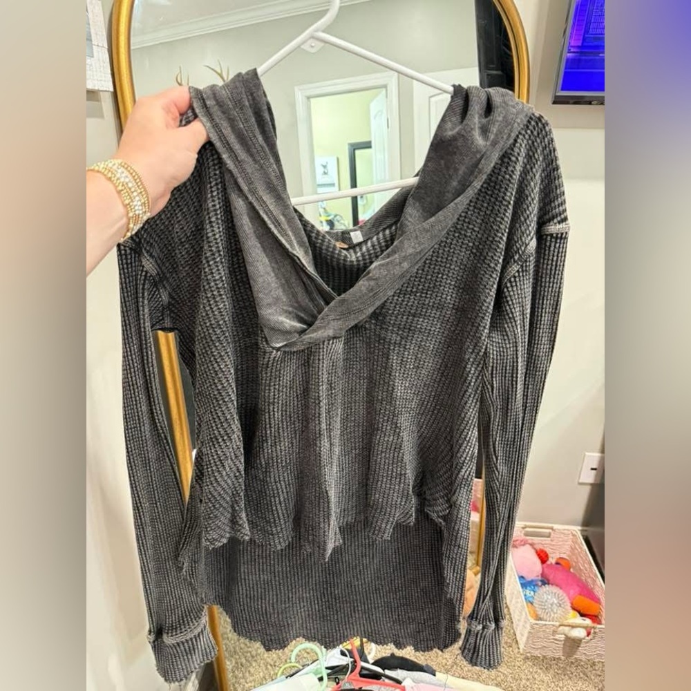 Free People Gray Hooded Long Sleeve Top